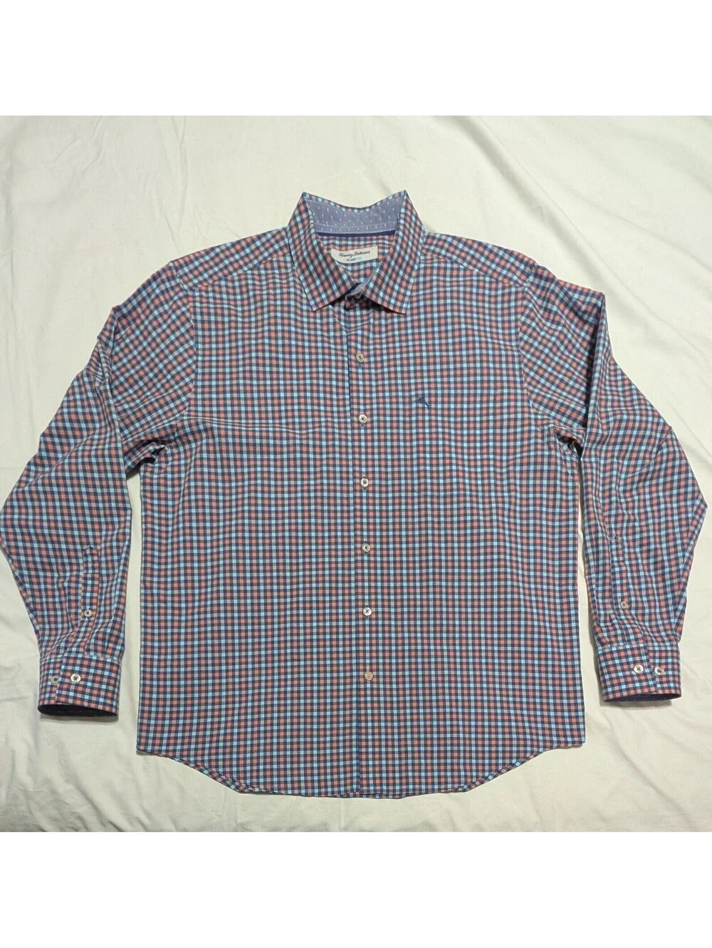 Tommy Bahama IslandZone Mens Large Gingham Button Down Shirt Blue Orange Marlin